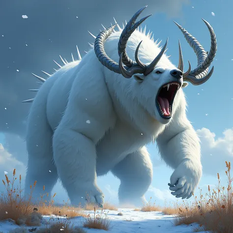 until,  digital illustration ,  highly detailed ,  tongue ,  an unrealistic illustration ,  digital painting ;  a monstrous and impressive creature similar to a polar bear ,  with a sturdy and imposing body , of humanoid features .  It has large metal horn...