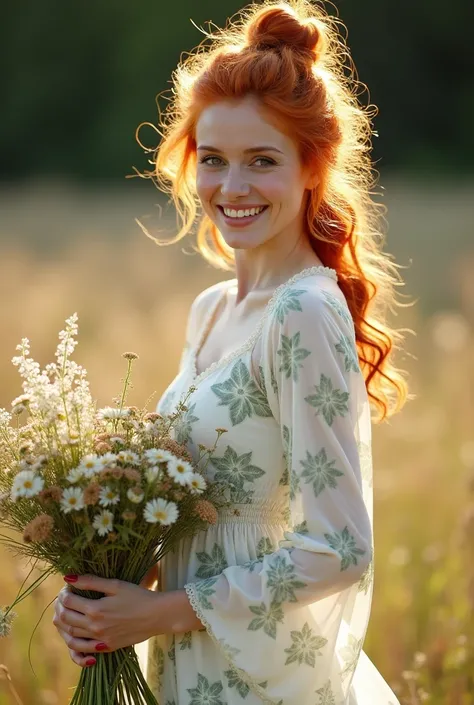 woman, redhead, smiling, happy, wearing a white floral dress cinched at the waist and a bell sleeve, pale green flower patterns on the dress, holding a bouquet of flowers, wildflowers bouquet, red hair tied in a high ponytail, curly red hair, messy red hai...