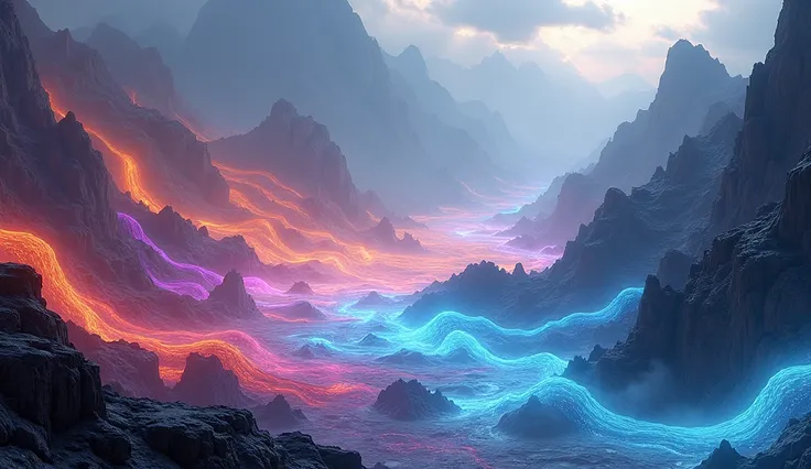   Representation of energy frequencies as colored waves flowing through a mountainous landscape.
Style: Futuristic environmental art .