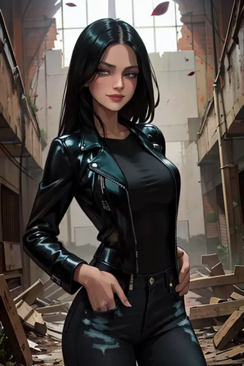 Perfect face. Perfect hands. A tall black haired woman with teal eyes in a leather jacket and jeans with a big smile while standing in a flurry of black dahlia petals in an abandoned church