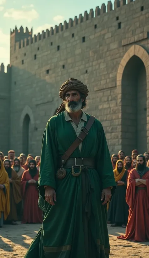 (photorealism:1.2),  a dashing arab man in ancient robe shabby green color, wearing a turban steel hat, standing in front of a gray brick wall,  in front of the man sat kneeling dozens of people dressed in arab robes, multicolored shirt , atmosphere of twi...