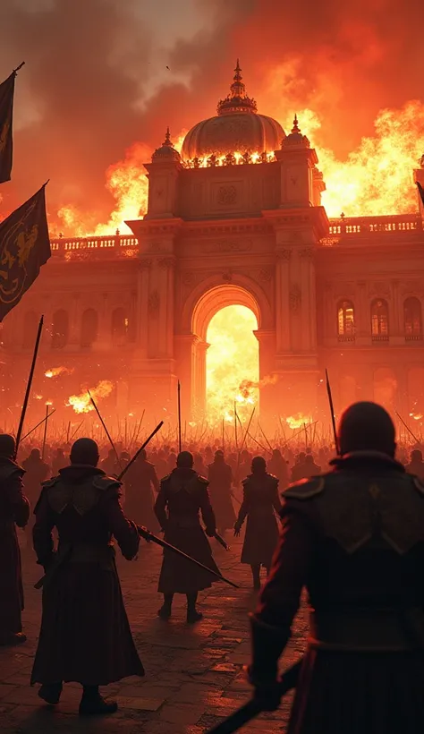 A chaotic scene with angry mobs storming a burning palace, walls crumbling, and banners torn apart, symbolizing the collapse.