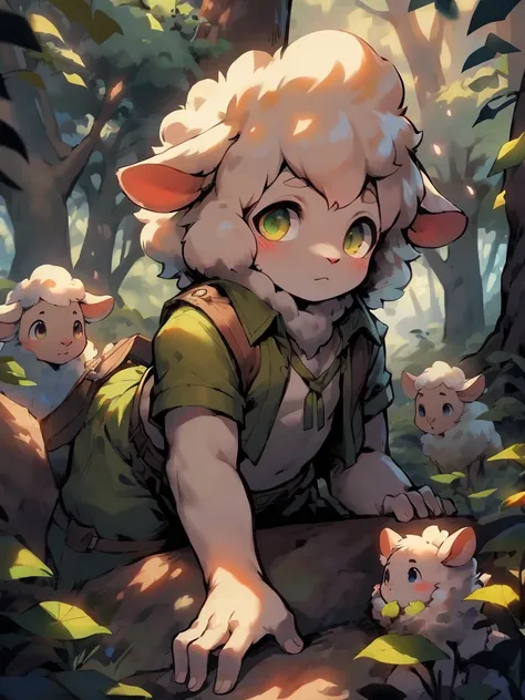 A sheep ，The fur is white， green clothes ， cropped cowboy vest ，Viewing angle：face，whole body，Deep forest background， Big tree on top of head ， has a spot of light shining on its face， dreamy colors