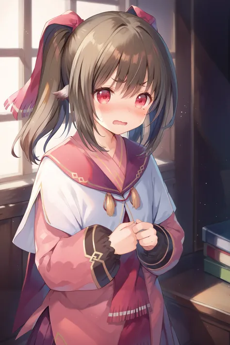 NSFW,masterpiece, best quality, high definition , Very detailed,Nekone(Utawarerumono),Brown Hair, twin tails, hair bow ,Red eyes,Embarrassed,blush