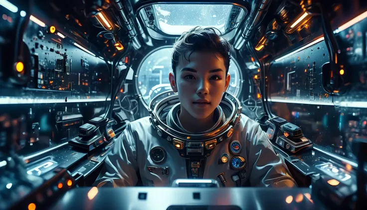 a futuristic astronaut in a space capsule, control panel, high-tech interior, metal and glass materials, atmospheric lighting, dramatic cinematic composition, intricate details, photorealistic, concept art style