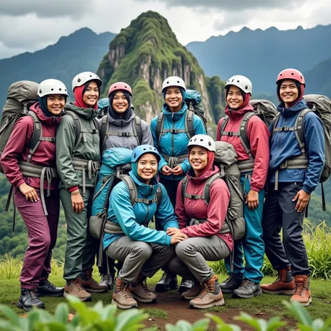 Very realistic photo of six pairs of Indonesian lovers aged 25 years and wearing complete mountain climber clothing and with a green mountain background. Super HD, UHD quality, Hasselblad X1D II 50c camera, ISO 200,