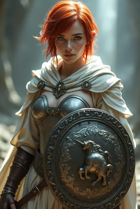 Half-elf female with jaw dropping beauty, short red hair and pale blue eyes. Light freckels. Wears a full plate armor with a white cape. She has a round metal shield with a unicorn symbol on the middle. The other hand has a longsword with a white aura arou...