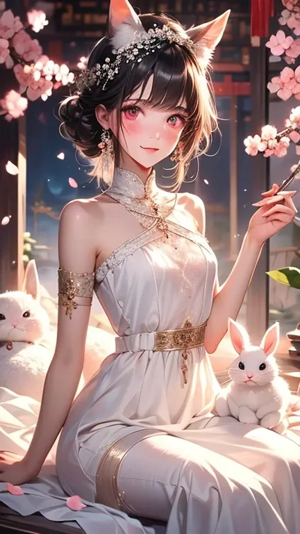 A beautiful young Asian woman in a flowing peach dress rests beside a giant, fluffy white rabbit. They are surrounded by falling cherry blossom petals, creating a whimsical and enchanting scene. The woman wears a delicate flower crown in her dark hair and ...