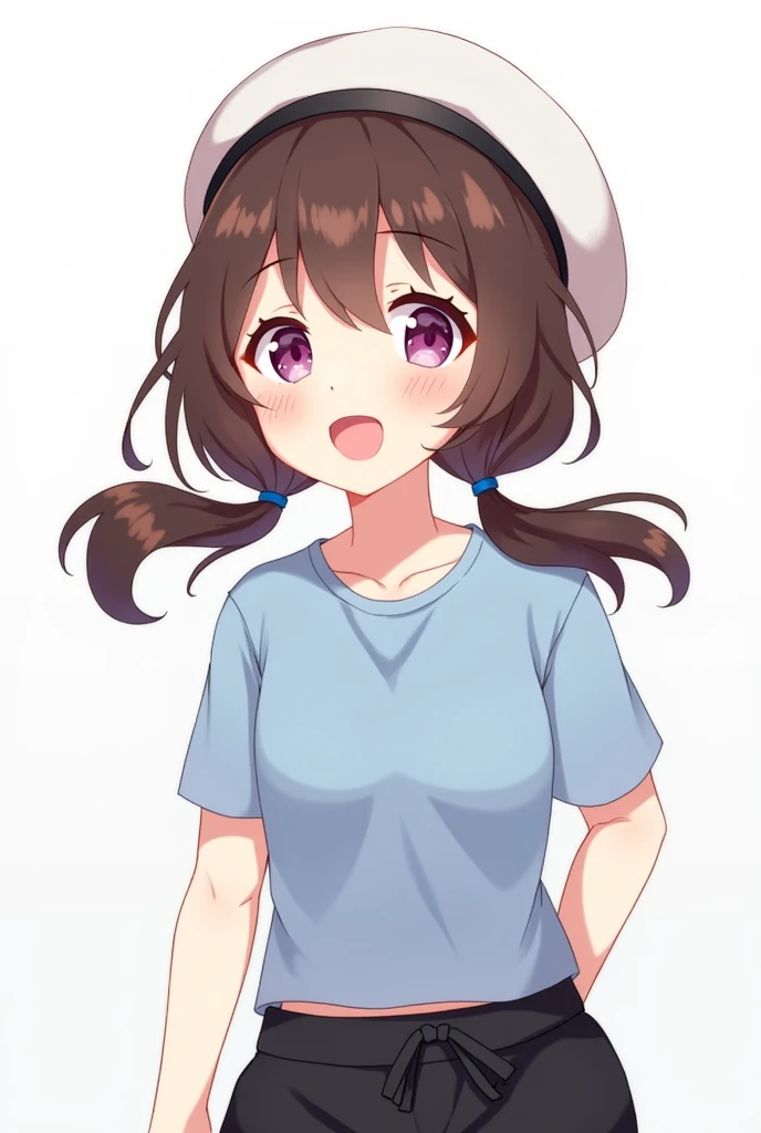 1girl, brown hair, low twintails, white color beret, blue t-shirt, black sweatpants, two-color eye(purple eyes, yellow eyes), smile, 