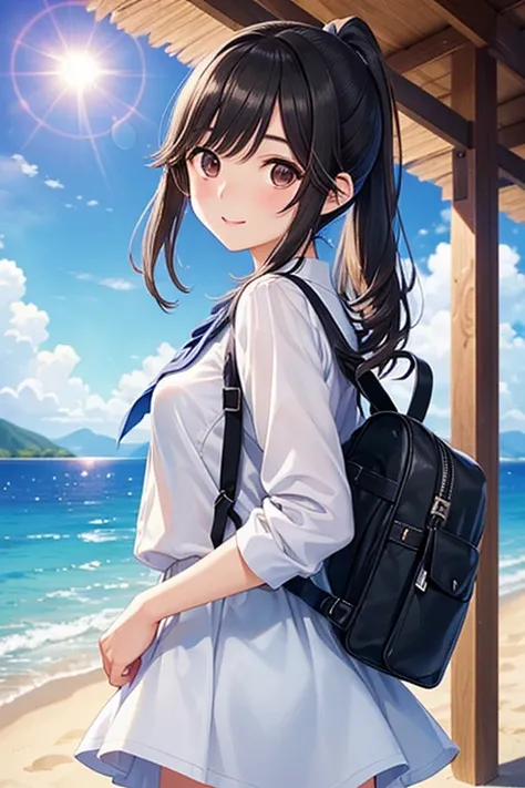 Takane Manaka、  shiny brown long hair、 ribbon ponytail、 beautiful brown eyes 、smile、Sparkling Eyes, (fine grain)、 Highly Detailed Eyes、 very detailed face,  Highly Detailed Eyes, masterpiece,  best quality,  high definition , ( best quality,masterpiece:1.2...