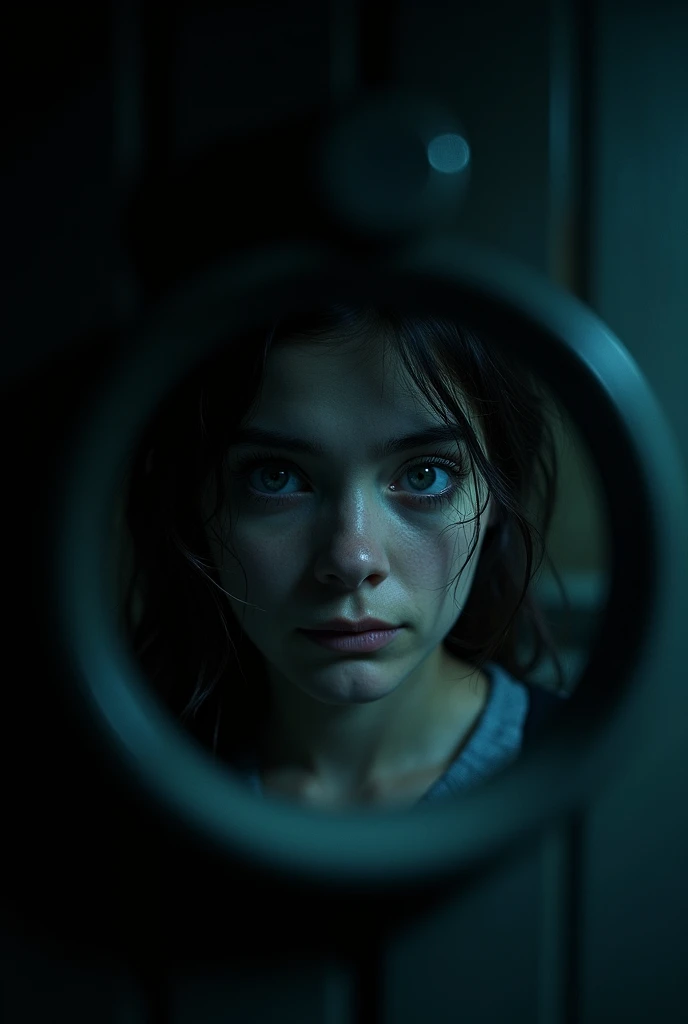 A close-up of Emma peering through the peephole of the motel door. The peephole view shows only the dark, empty corridor with no one in sight. The silence feels ominous.