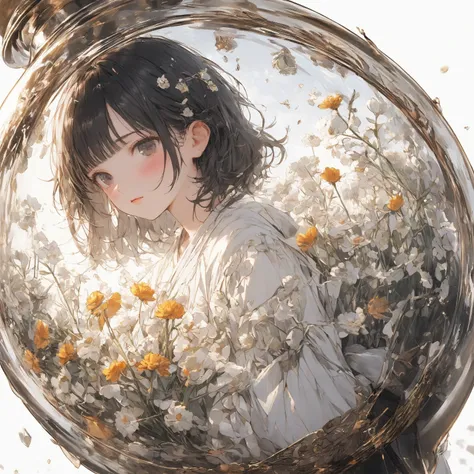 (masterpiece), (  best quality), (   super detailed ),   1 girl ,   whole body，キューブが浮かんでいる， floating pose with a cube floating in the air， Calendula，White background， dress，A unified white ， square objects floating， simple background, ephemeral，Sad，ribbon,...