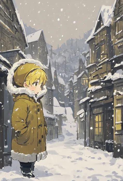 yellow haired boy, in winter wear, snowy, snowy village