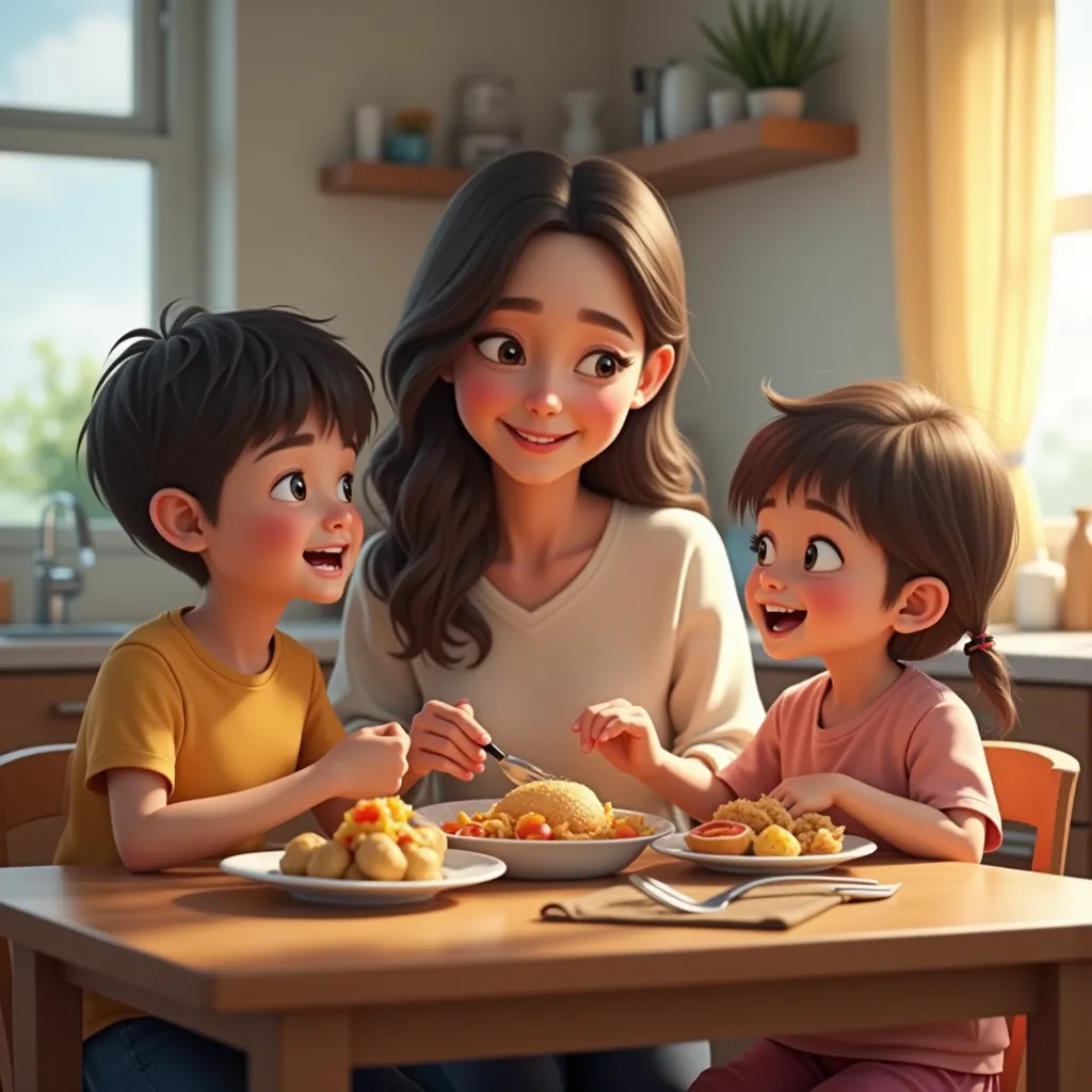 A mom and a girl and a boy having lunch realistic version