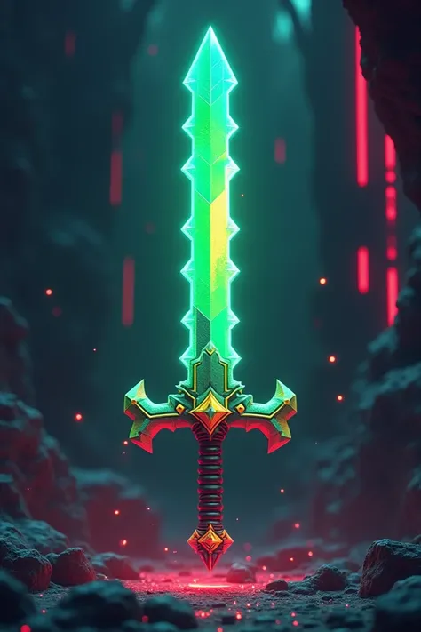 A pixel sword which has green blue and red