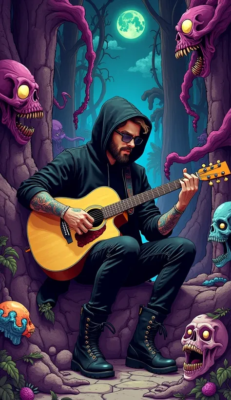 The image is a vivid, surreal illustration featuring a chaotic scene of a handsome man dressed in black with a black hood, beard and glasses, tattoos, rocker boots, sitting playing acoustic guitar in a strange labyrinth filled with bizarre figures. The pre...