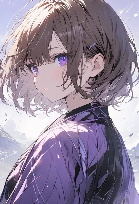 Alone, 1 girl, brown hair,purple Eyes,short Hair, Long Sleeve,