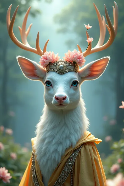 Character with the face of a white deer eyes sky blue tiara with pink flowers and gold uniform of Amazonas 