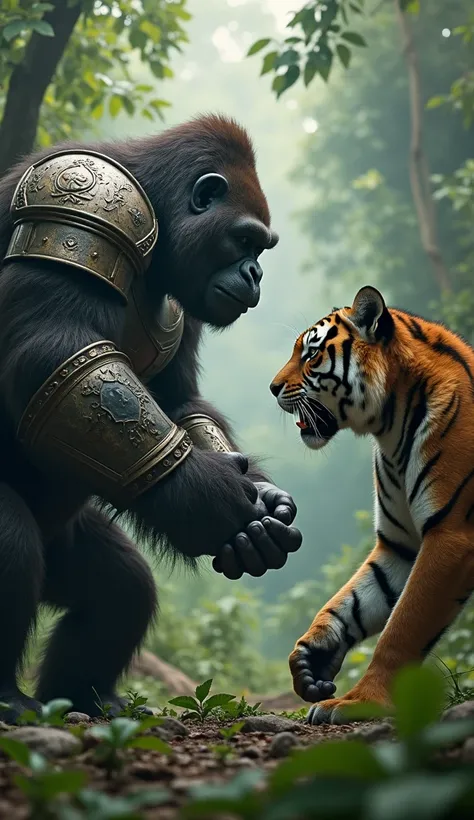 In the dense jungle, a fierce battle was about to unfold. A colossal gorilla, clad in rugged warrior armor, stood face to face with a mighty tiger, equally armored in battle gear. The gorilla’s massive muscles bulged beneath its armor, fists clenched, read...