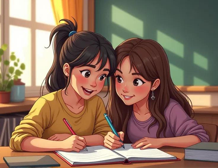 A warm, intimate scene of a 15-year-old girl and a supportive 45-year-old woman taking part in a learning activity. The girl with her dark hair in a ponytail is cheerfully writing in her notebook, while the woman with long brown hair leans over her shoulde...