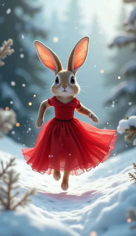 Bunny dress red leg long runner snow in christmas day
