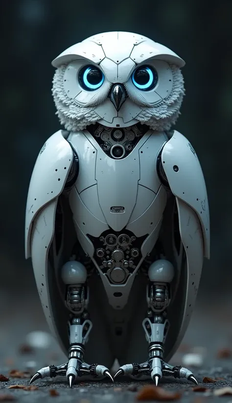 White owl with the body and head of a robot with blue eyes 