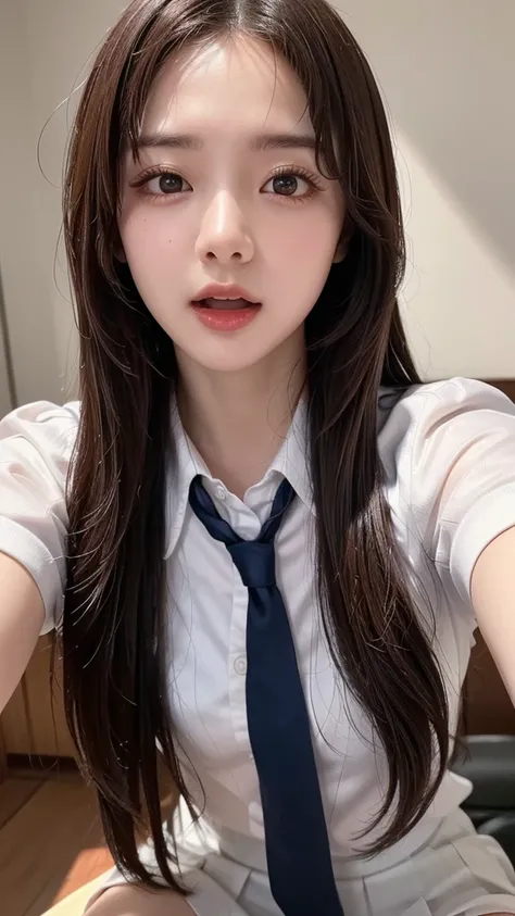 (sexy school uniform :1.5),( embarrassed face , sexual climax, orgasm face, ecstasy,細身の体, highest resolution, best quality,masterpiece,4K,8k,16k,Correct human body, detailed eyes on board, detailed face , very beautiful face , very cute face , pretty girl:...