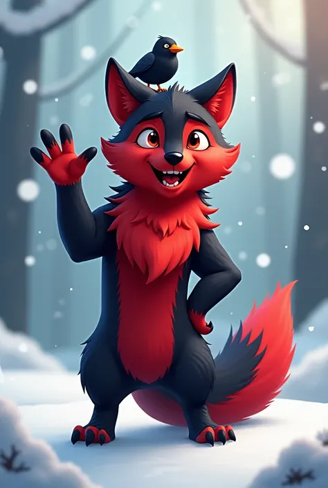 Create a fursona . Cest un loup, rouge et noir,  with a beautiful winter coat . Il est debout sur ses deux pattes arrières. Il est joyeux et fait coucou de sa patte avant gauche,  and has a crow on its head. The scenery behind is snowy. 