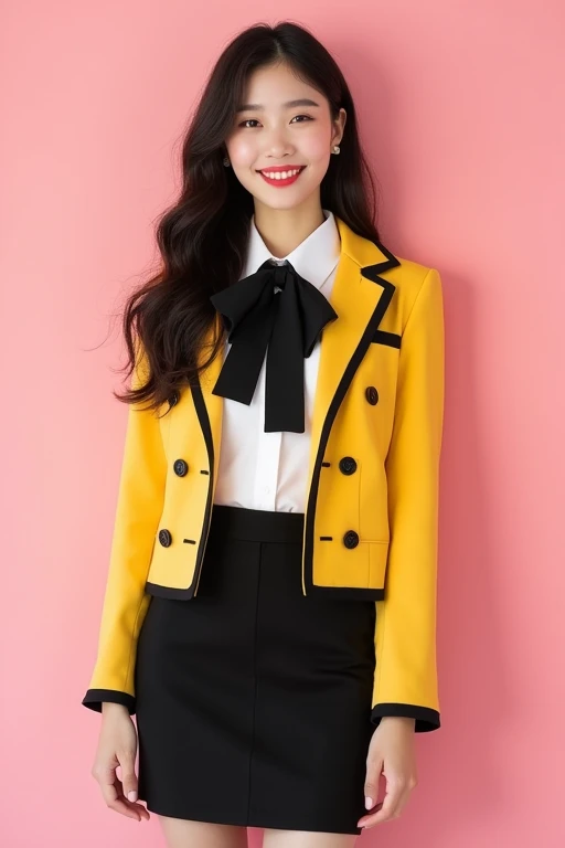 full body, 1 korean girl, black hair, crimson lip, Her long, dark hair cascades in lush, glossy waves, (white shirt), (yellow blazer with blackbutton and black trim : 1.1), (black skirt), pensil short skirt, thighs, (black big tie), big breasts, beautiful ...