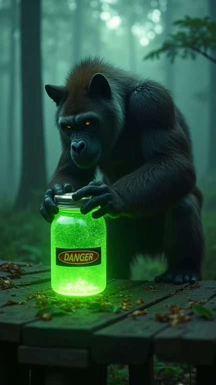 A king Kong curiously examining a glowing green toxic jar with a "danger" sign, placed on a wooden platform in a dense forest, cinematic composition, photorealistic details, eerie glowing green light reflecting off the wolfs fur, misty atmosphere, natural ...