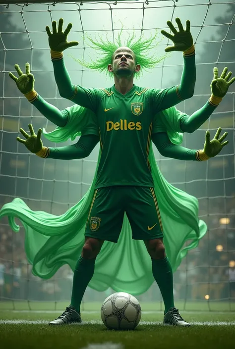 Goalkeeper in green jersey holding ball with 8 arms in football goal