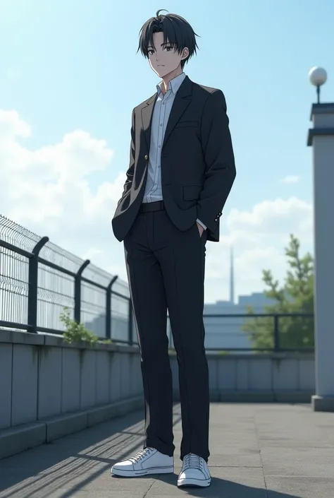 Japanese male, 20 years old, neat long hair style,Black Chinese style collar typical of Japanese high school Suit,Black formal trousers White sports shoes,Both arms in the trouser pockets,Background of a typical Japanese high school roof wire fence,Very re...