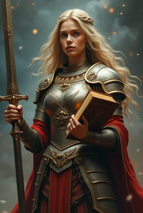 A woman in the armor of Ephesians holding a sword and a book