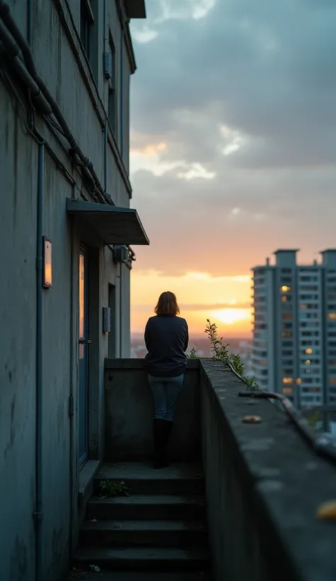 A person sitting on an emergency staircase in an urban building, looking at the horizon. The scene is captured at dusk, with the sky in warm tones contrasting with the gray environment of the city.
Alongside, details such as a plant growing between the cra...