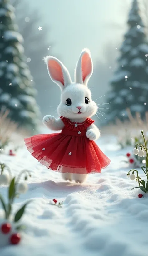 White bunny dress red leg long runner snow in christmas day
