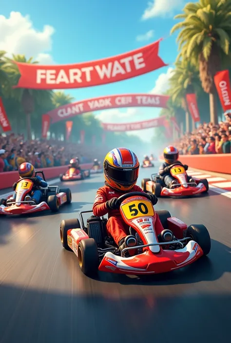 A go-kart race, played between two teams . o time EQL e o time THINK SEG, with different colors and the names of the teams written on the cars 