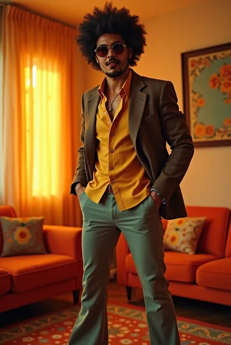  Create an image of a man with style from the 70s , wearing typical clothes of the time.  The look must include a wide-neck shirt ,  bell-bottomed pants ,  and a jacket or blazer with typical cuts of the 70s .  The hair should be voluminous ,  with an afro...