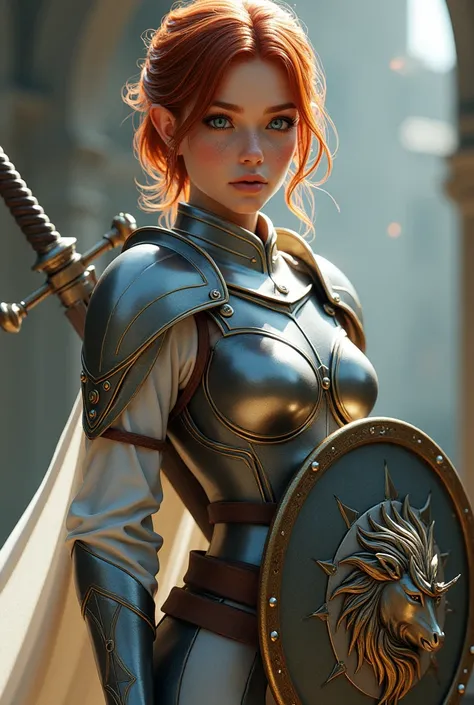 Half-elf female with jaw dropping beauty, short red hair and pale blue eyes. Light freckels. Wears a full plate armor with a white cape. She has a round metal shield with a unicorn symbol on the middle. The other hand has a longsword with a white aura arou...