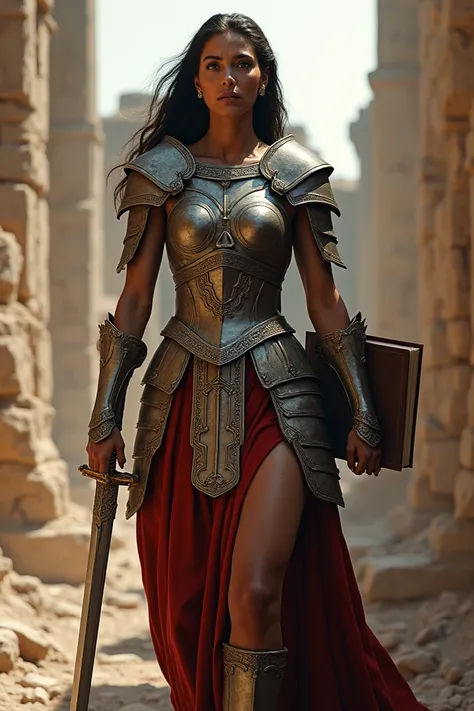 A brown woman in the armor of Ephesians holding a sword and a book
