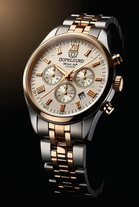 Wrist watch . With Chronograph and Date. Royal Dial and Steel chain. Caligraohy on the dial as design. Give me 10 designs