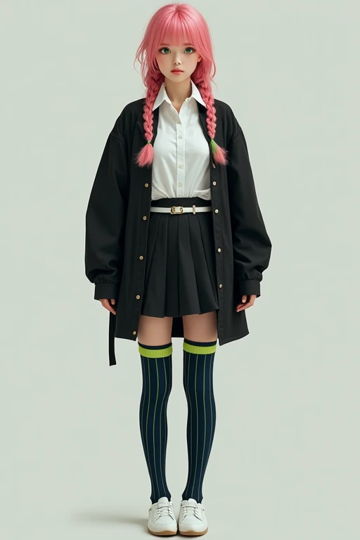  Pleated skirt 
The black jacket underneath is a white shirt with a high collar unbuttoned at the neckline, very much demonstrating the complete absence of a bra and large breasts 
White belt on the waist 
Dark blue thigh socks, complemented by lime-green ...