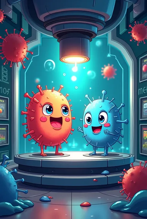 A cloning machine who is copying a t cell and a b cell in cartoon style