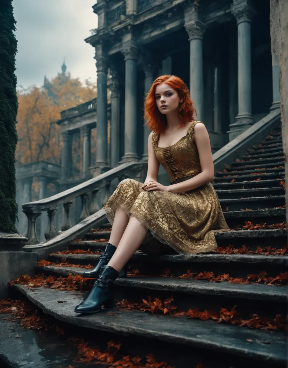 1917 ordinary 18 year old redhead girl sitting on stairs of an abandoned villa of georgian age. blood on hands, surrounded by la...