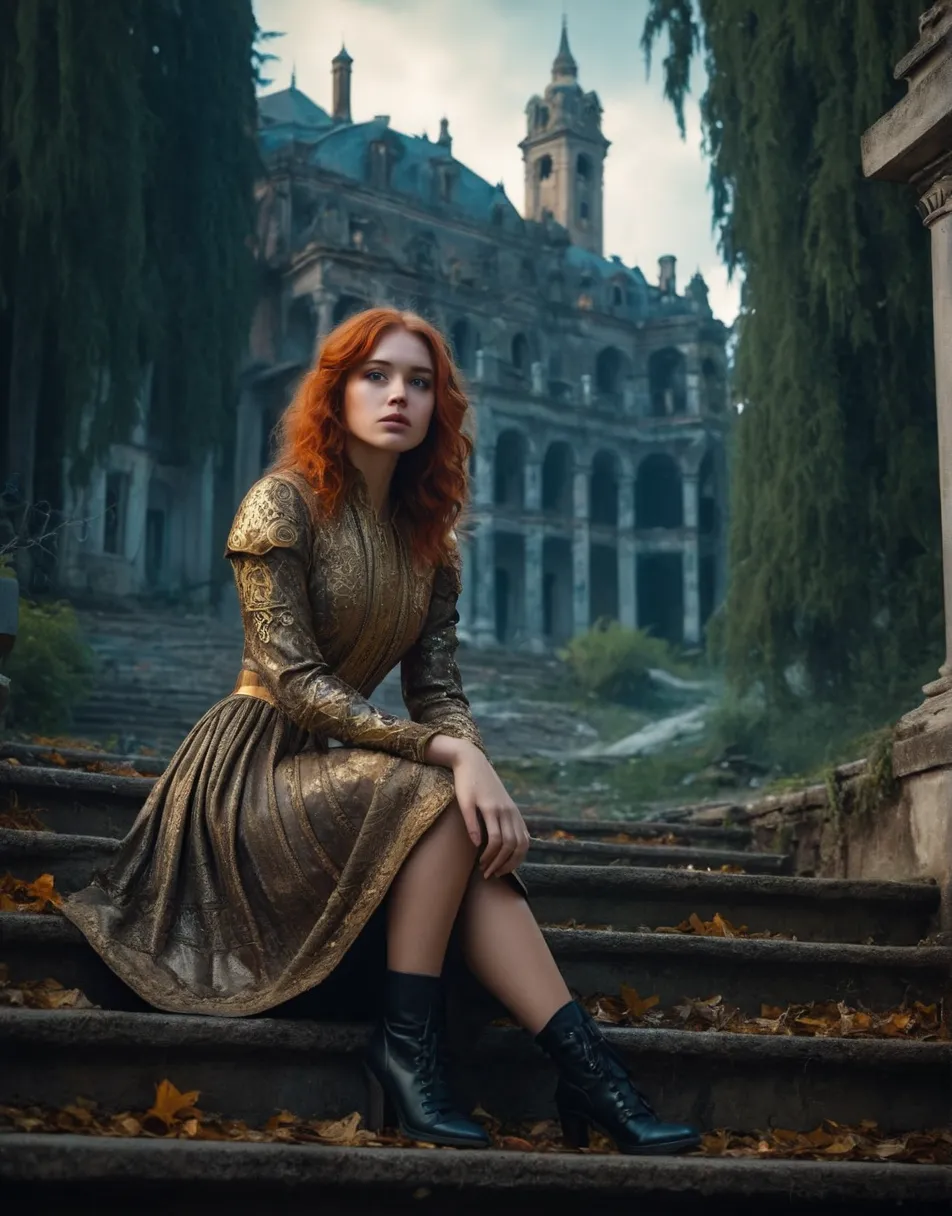 1917 ordinary 18 year old redhead girl sitting on stairs of an abandoned villa of georgian age. blood on hands, surrounded by la...