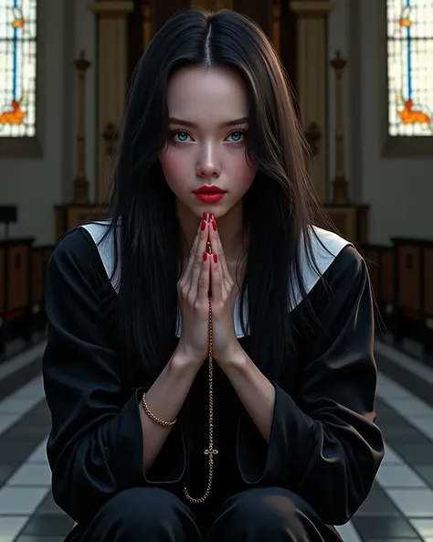  beautiful young woman, long jet-black hair ,ocean blue eyes sapphire ,white tea, full red lips , beautiful and perfect female face ,dominant look, wears a nuns dress ,23 years old,porcelain skin, is kneeling in a church praying with a rosary of a cross, a...