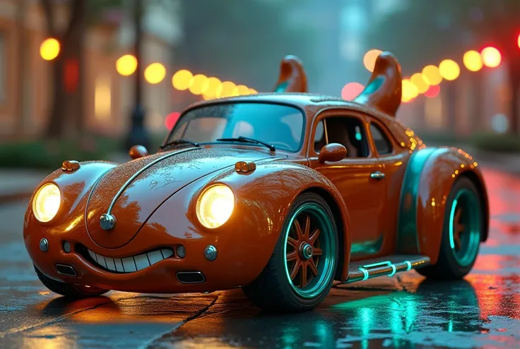 Create an ultra-realistic, custom-tuned car inspired by Sandy Cheeks from SpongeBob SquarePants. The car’s body is painted in a sleek, polished brown color, resembling Sandy’s fur, with subtle textures that mimic the smooth yet sturdy surface of her squirr...