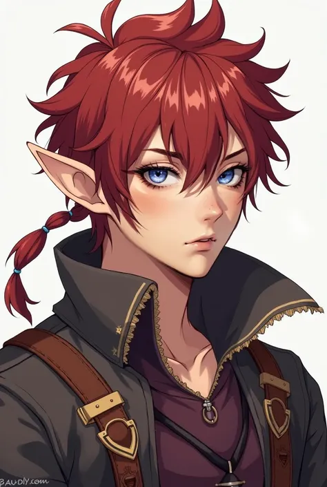 beautiful drawing, adventurers gear, androgynous half elf with rounded pointed ears, lavender eyes smart, light hair below the shoulders combed back, fighter aesthetic, dark red hair, anime style, portrait, facing the camera, freckles, fluffy hair, handsom...