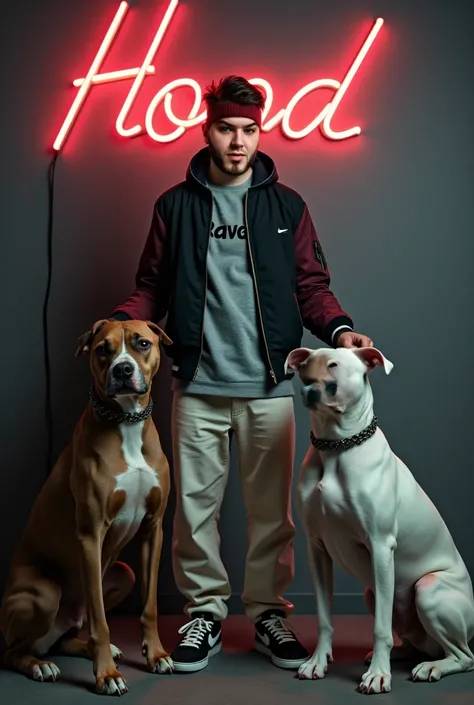  30-year-old boy ,  shaved hair sides at 2 and toupé ,  black bomber jacket with burgundy sleeves,  gray t-shirt the word Raval , off-white pants ,  sneakers Nike dunk low butde black ,  left side an American bully burgundy red eyes and muscular, right sid...