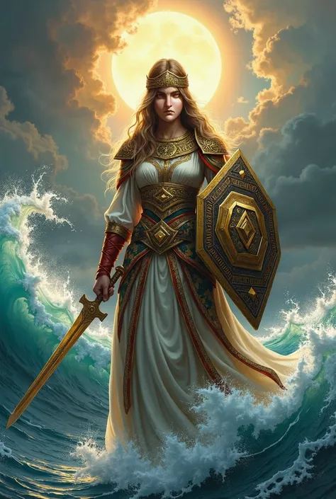 "A majestic illustration of a powerful female figure rising from the middle of a dramatic tsunami sea. She stands tall and confident, embodying both strength and wisdom. Her attire is regal, featuring a golden Arabian-style helmet inspired by the Salahuddi...