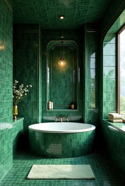 (photorealism:1.2), bathroom made of bottle green mosaic on art deco style with huge round bathtube in a corner